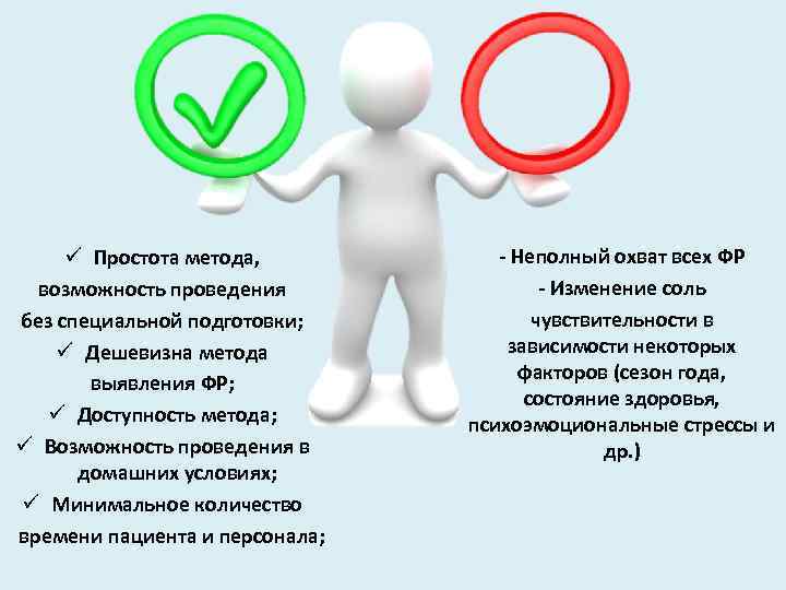 ü Простота метода, возможность проведения без специальной подготовки; ü Дешевизна метода выявления ФР; ü