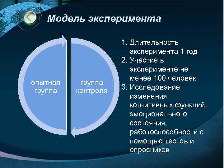 Модель эксперимента опытная группа контроля 1. Длительность эксперимента 1 год 2. Участие в эксперименте