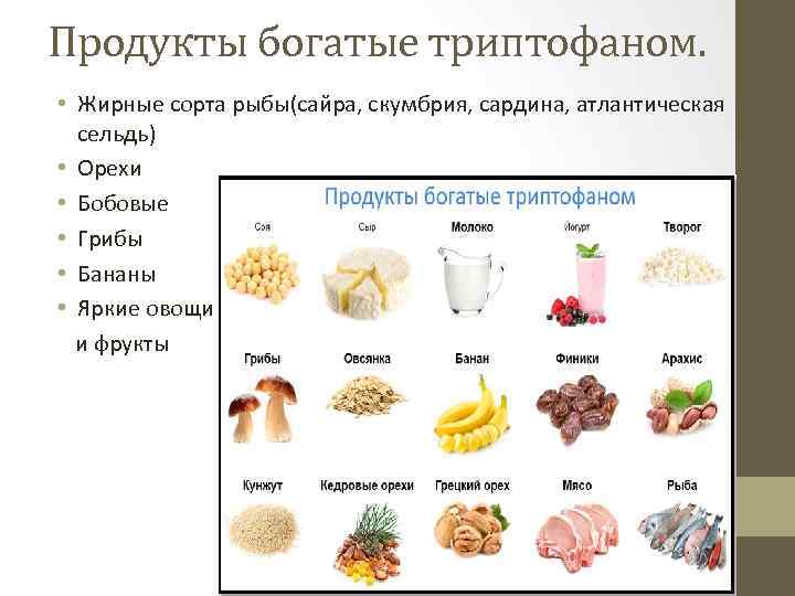 Продукты богатые триптофаном. • Жирные сорта рыбы(сайра, скумбрия, сардина, атлантическая сельдь) • Орехи •
