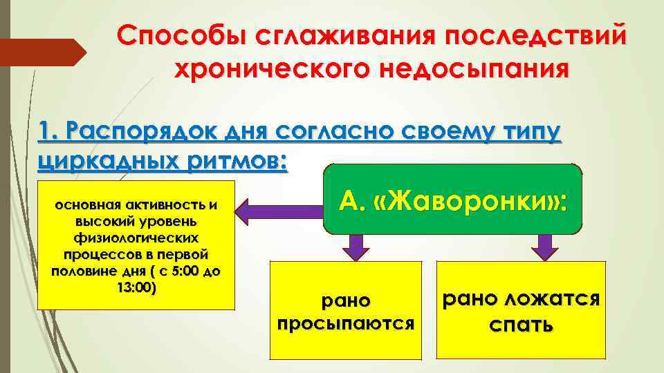 Способы сглаживания последствий хронического недосыпания 1. Распорядок дня согласно своему типу циркадных ритмов: основная