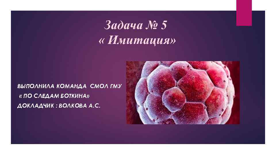 Задача № 5 « Имитация» ВЫПОЛНИЛА КОМАНДА СМОЛ ГМУ « ПО СЛЕДАМ БОТКИНА» ДОКЛАДЧИК