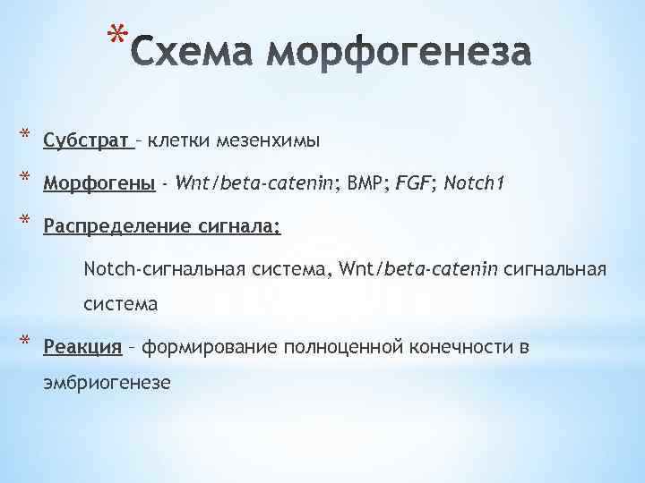 * * Субстрат – клетки мезенхимы * Морфогены - Wnt/beta-catenin; BMP; FGF; Notch 1