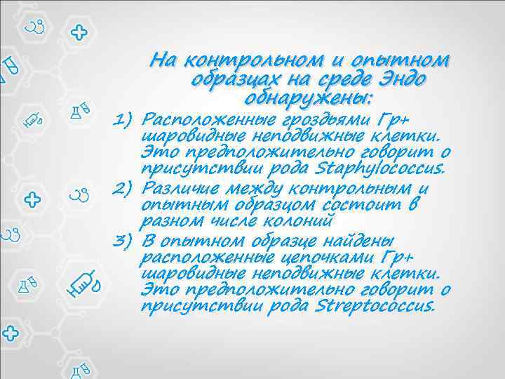 На контрольном и опытном образцах на среде Эндо обнаружены: 1) Расположенные гроздьями Гр+ шаровидные