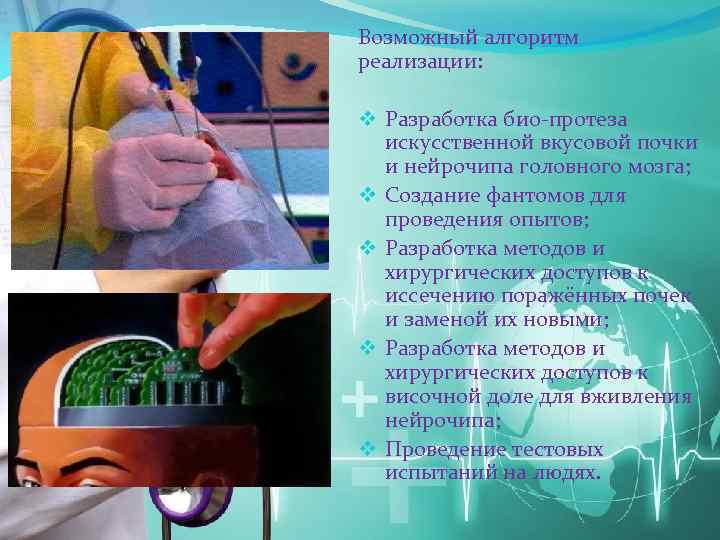 Возможный алгоритм реализации: v Разработка био-протеза искусственной вкусовой почки и нейрочипа головного мозга; v