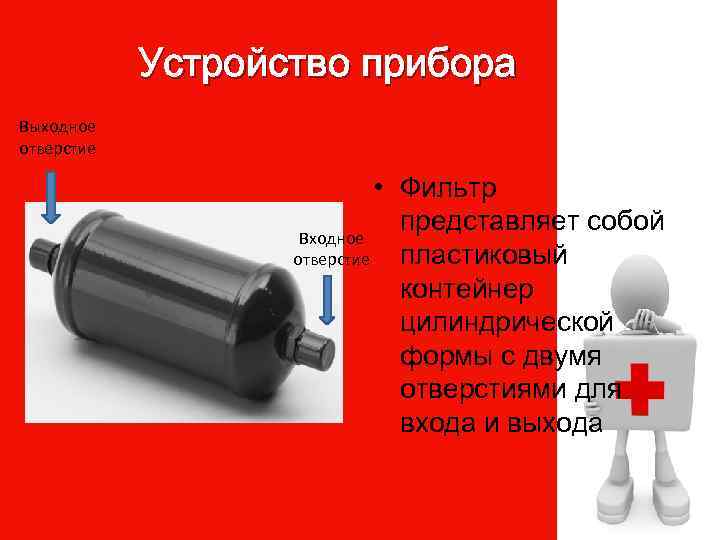 Устройство прибора Выходное отверстие • Фильтр представляет собой Входное пластиковый отверстие контейнер цилиндрической формы