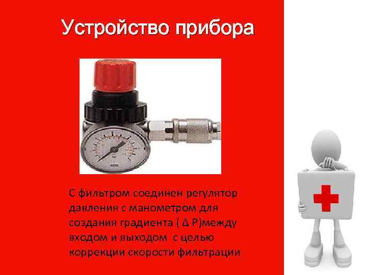 Устройство прибора С фильтром соединен регулятор давления с манометром для создания градиента ( Δ