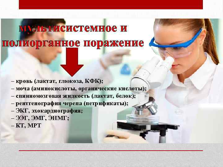 мультисистемное и полиорганное поражение – кровь (лактат, глюкоза, КФК); – моча (аминокислоты, органические кислоты);