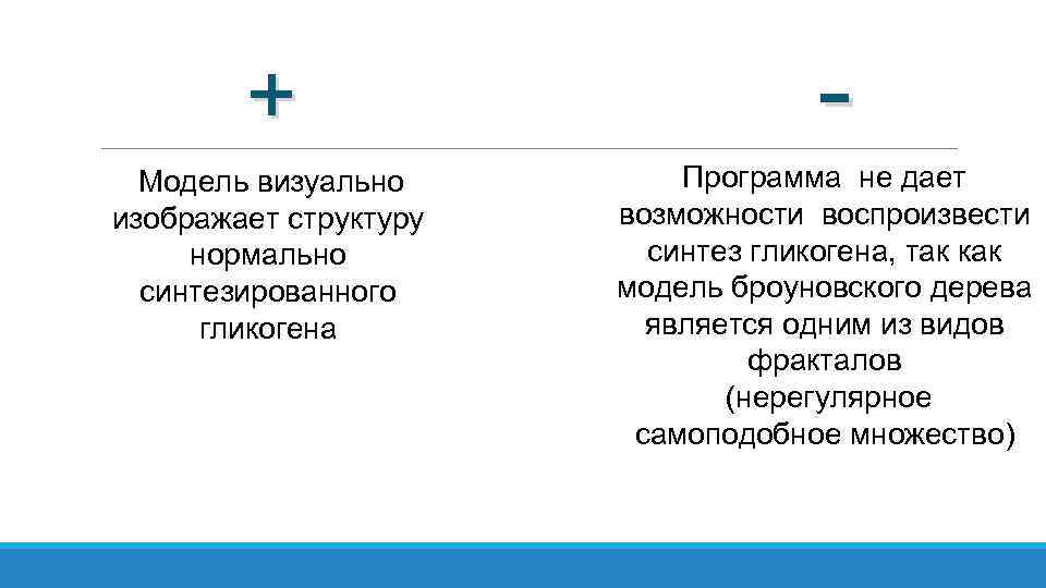  + Модель визуально изображает структуру нормально синтезированного гликогена Программа не дает возможности воспроизвести