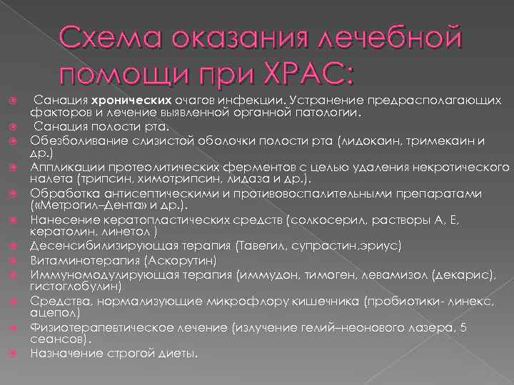 Схема оказания лечебной помощи при ХРАС: Санация хронических очагов инфекции. Устранение предрасполагающих факторов и