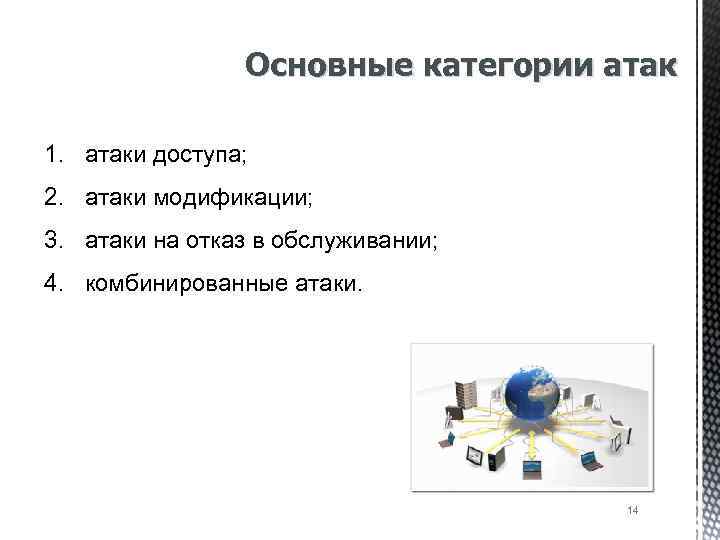 Основные категории атак 1. атаки доступа; 2. атаки модификации; 3. атаки на отказ в