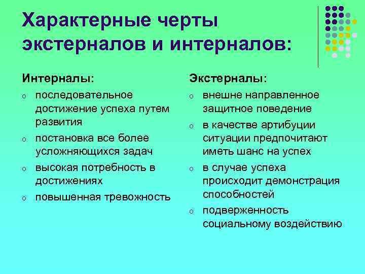 Характерные черты экстерналов и интерналов: Интерналы: o o последовательное достижение успеха путем развития постановка