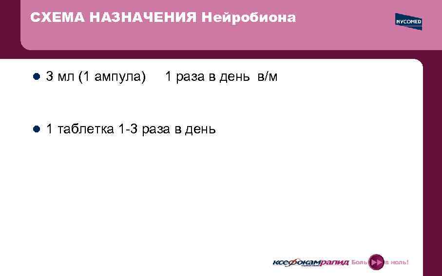 СХЕМА НАЗНАЧЕНИЯ Нейробиона l 3 мл (1 ампула) 1 раза в день в/м l