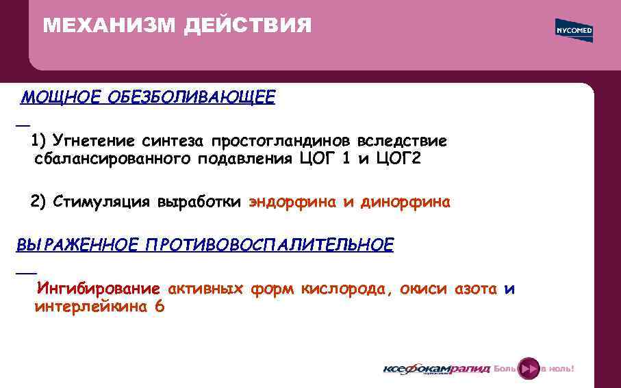 МЕХАНИЗМ ДЕЙСТВИЯ МОЩНОЕ ОБЕЗБОЛИВАЮЩЕЕ 1) Угнетение синтеза простогландинов вследствие сбалансированного подавления ЦОГ 1 и