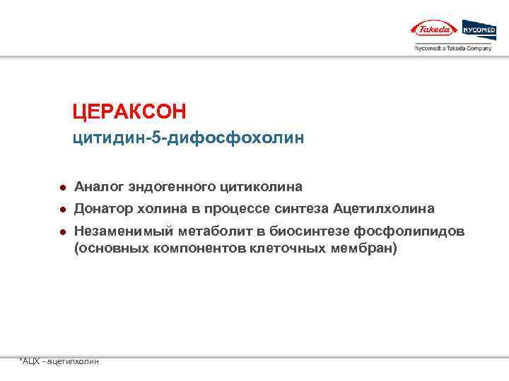  ЦЕРАКСОН цитидин-5 -дифосфохолин l Аналог эндогенного цитиколина l Донатор холина в процессе синтеза
