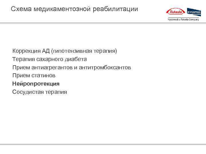 Схема медикаментозной реабилитации Коррекция АД (гипотензивная терапия) Терапия сахарного диабета Прием антиагрегантов и антитромбоксантов