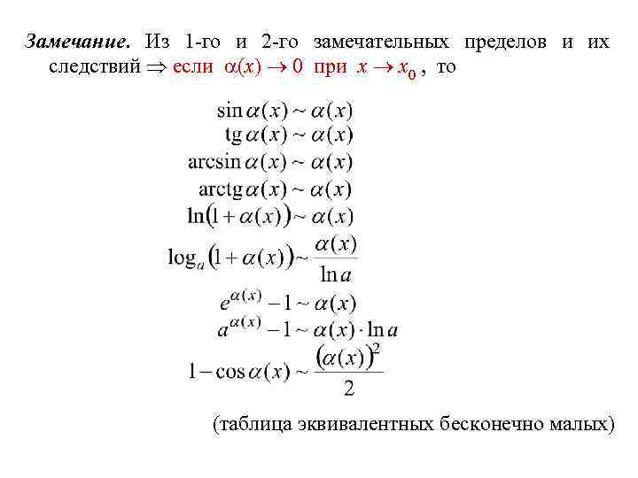  Замечание. Из 1 -го и 2 -го замечательных пределов и их следствий если