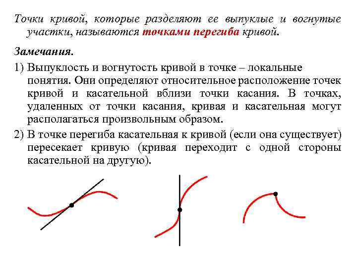 Точки кривой, которые разделяют ее выпуклые и вогнутые участки, называются точками перегиба кривой. Замечания.