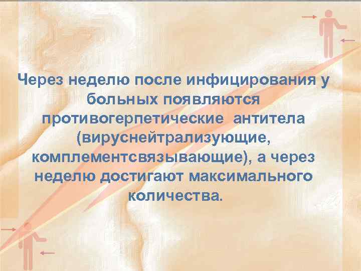 Через неделю после инфицирования у больных появляются противогерпетические антитела (вируснейтрализующие, комплементсвязывающие), а через неделю