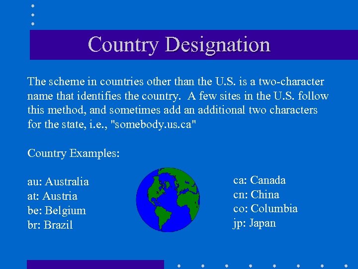 Country Designation The scheme in countries other than the U. S. is a two-character