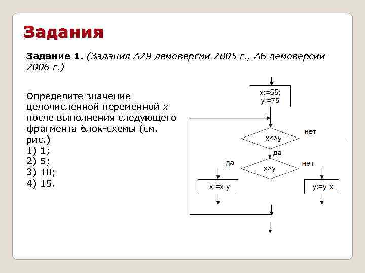 Определите значение целочисленной переменной х после выполнения следующего фрагмента блок схемы