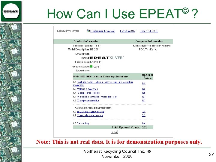 © How Can I Use EPEAT ? Note: This is not real data. It