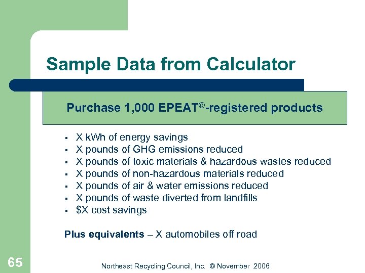 Sample Data from Calculator Purchase 1, 000 EPEAT©-registered products § § § § X