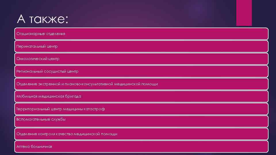 А также: Стационарные отделения Перинатальный центр Онкологический центр Региональный сосудистый центр Отделение экстренной и