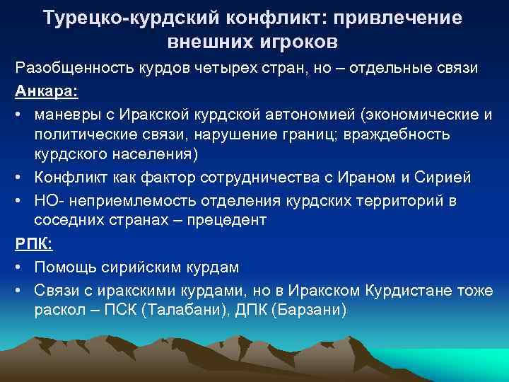 Турецко-курдский конфликт: привлечение внешних игроков Разобщенность курдов четырех стран, но – отдельные связи Анкара: