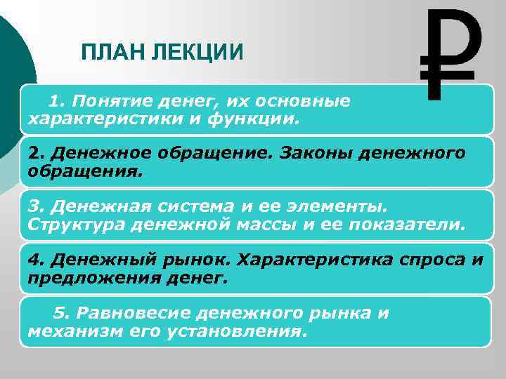 ПЛАН ЛЕКЦИИ 1. Понятие денег, их основные характеристики и функции. 2. Денежное обращение. Законы