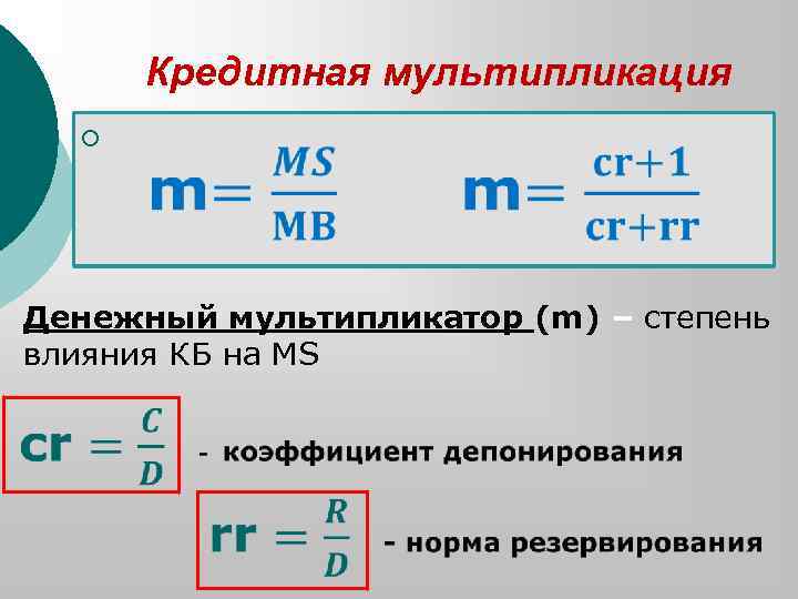 Кредитная мультипликация ¡ Денежный мультипликатор (m) – степень влияния КБ на MS 