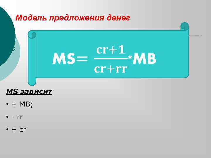 Модель предложения денег ¡ МS зависит • + MB; • - rr • +