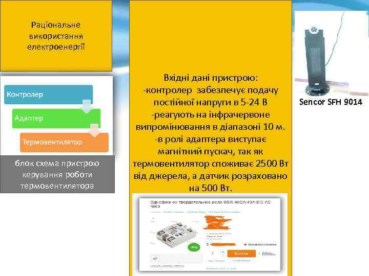 Раціональне використання електроенергії блок схема пристрою керування роботи термовентилятора Вхідні дані пристрою: -контролер забезпечує