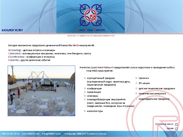 КАТАЛОГ УСЛУГ Сегодня невозможно представить динамичный бизнес без MICE-мероприятий: MICE M (meeting) - деловые