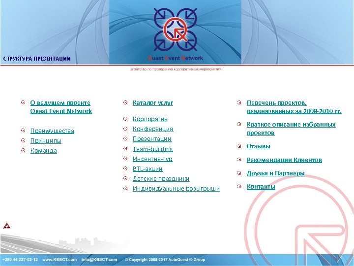 СТРУКТУРА ПРЕЗЕНТАЦИИ О ведущем проекте Quest Event Network Преимущества Принципы Команда Каталог услуг Корпоратив