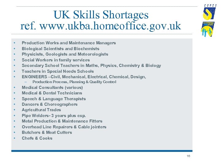 UK Skills Shortages ref. www. ukba. homeoffice. gov. uk • • Production Works and