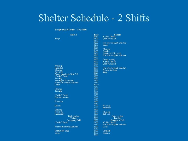 Shelter Schedule - 2 Shifts 