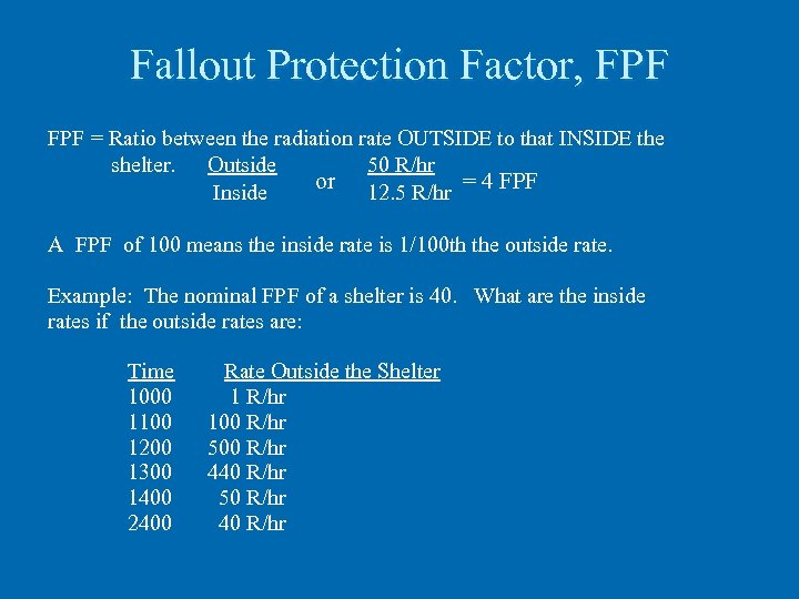 Fallout Protection Factor, FPF = Ratio between the radiation rate OUTSIDE to that INSIDE