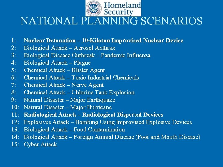 NATIONAL PLANNING SCENARIOS 1: 2: 3: 4: 5: 6: 7: 8: 9: 10: 11: