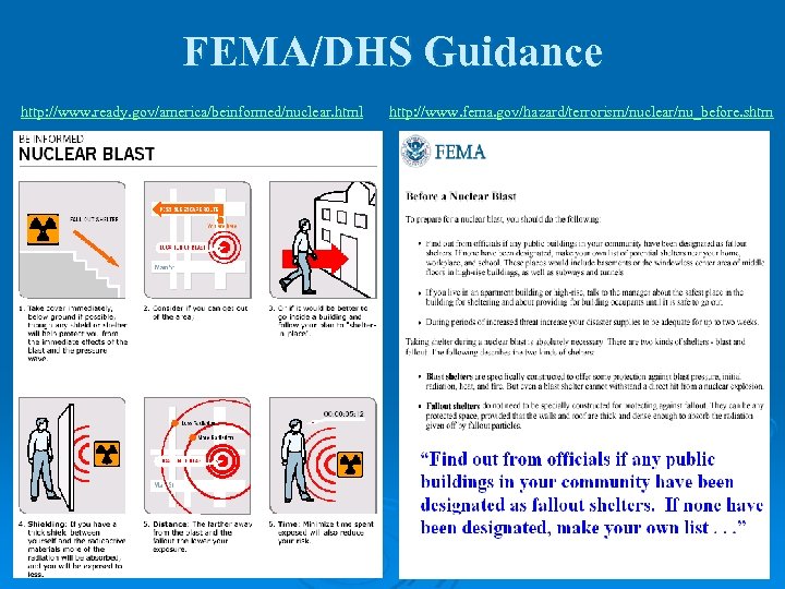 FEMA/DHS Guidance http: //www. ready. gov/america/beinformed/nuclear. html http: //www. fema. gov/hazard/terrorism/nuclear/nu_before. shtm 8 