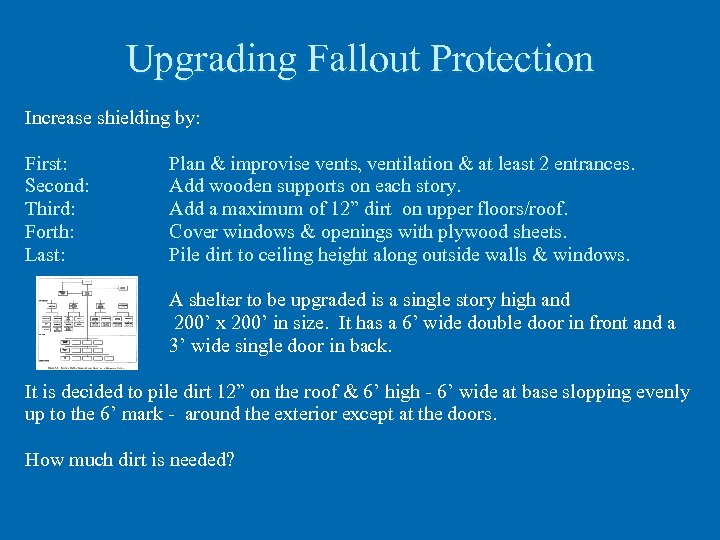 Upgrading Fallout Protection Increase shielding by: First: Second: Third: Forth: Last: Plan & improvise