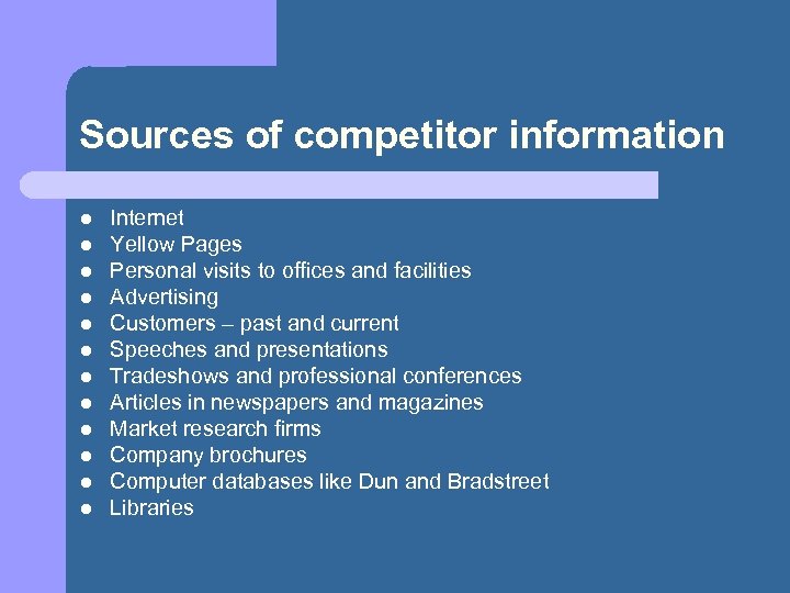 Sources of competitor information l l l Internet Yellow Pages Personal visits to offices