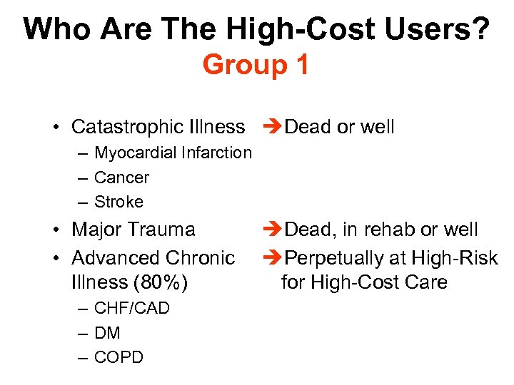 Who Are The High-Cost Users? Group 1 • Catastrophic Illness èDead or well –