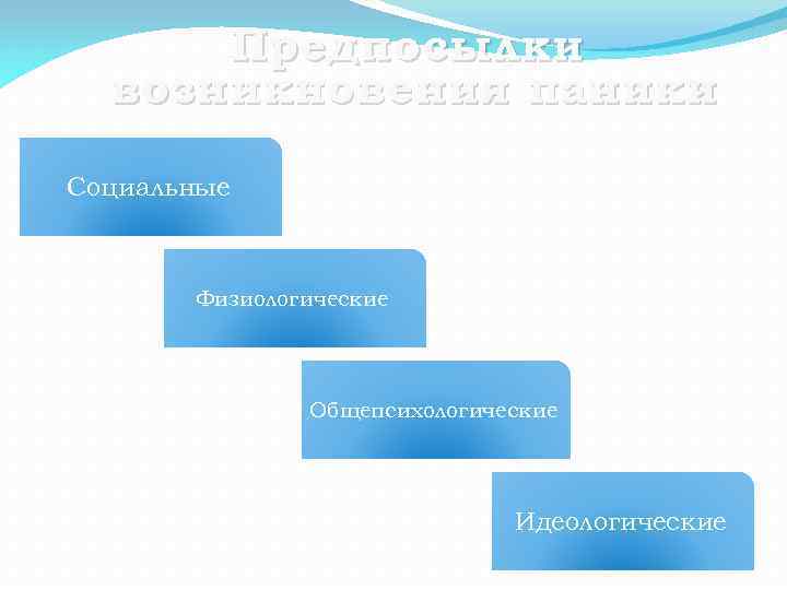Предпосылки возникновения паники Социальные Физиологические Общепсихологические Идеологические 