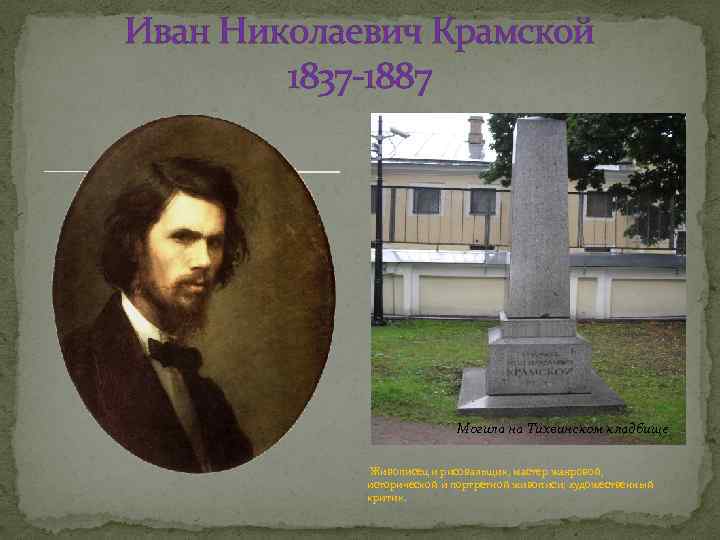 Иван Николаевич Крамской 1837 -1887 Могила на Тихвинском кладбище Живописец и рисовальщик, мастер жанровой,