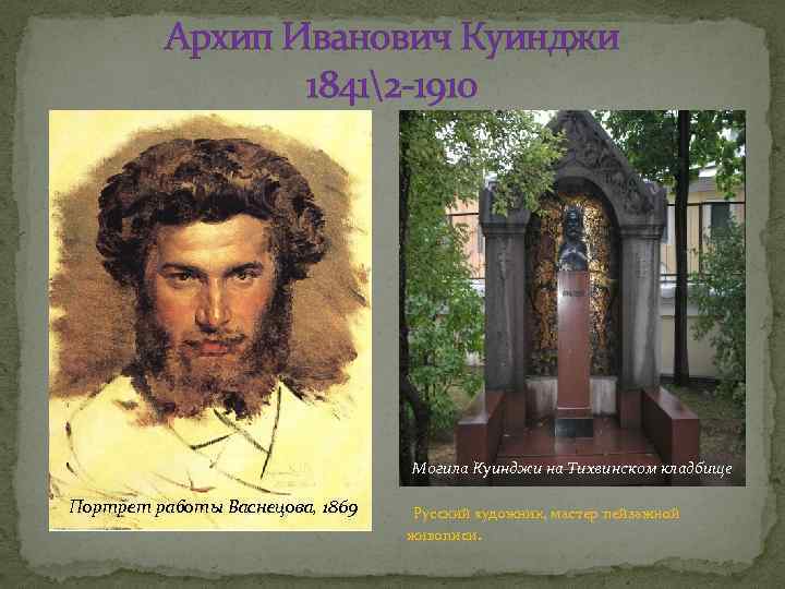 Архип Иванович Куинджи 18412 -1910 Могила Куинджи на Тихвинском кладбище Портрет работы Васнецова, 1869