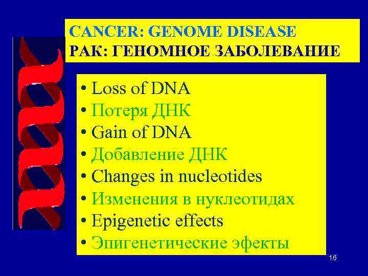 CANCER: GENOME DISEASE РАК: ГЕНОМНОЕ ЗАБОЛЕВАНИЕ • Loss of DNA • Потеря ДНК •