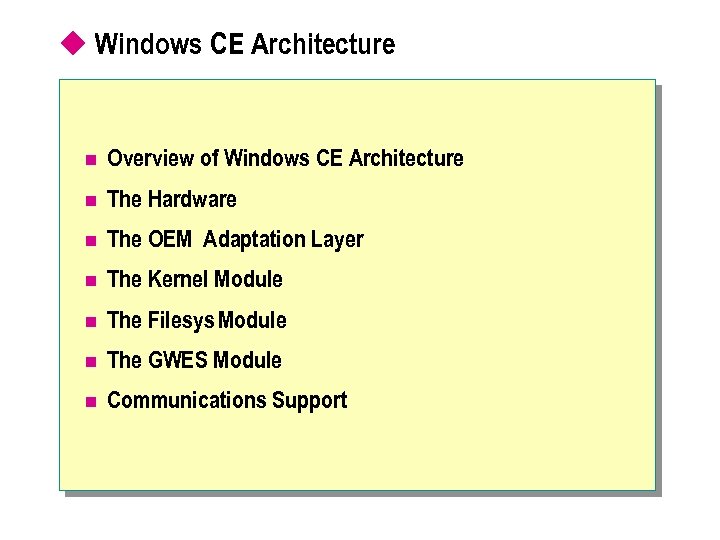 u Windows CE Architecture n Overview of Windows CE Architecture n The Hardware n