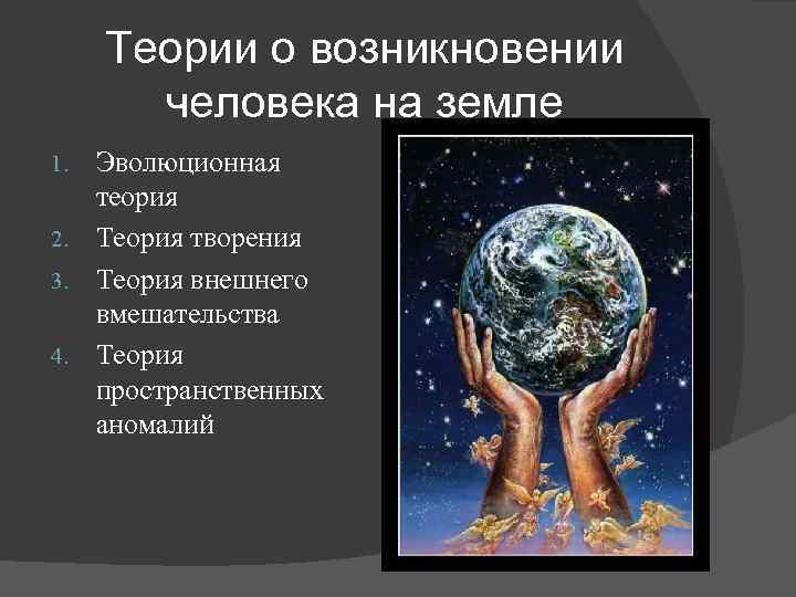 Теории о возникновении человека на земле Эволюционная теория 2. Теория творения 3. Теория внешнего