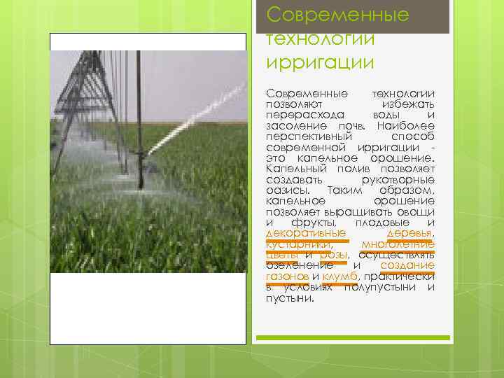 Современные технологии ирригации Современные технологии позволяют избежать перерасхода воды и засоление почв. Наиболее перспективный