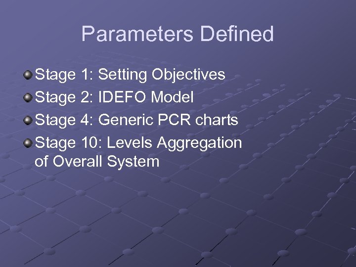 Parameters Defined Stage 1: Setting Objectives Stage 2: IDEFO Model Stage 4: Generic PCR